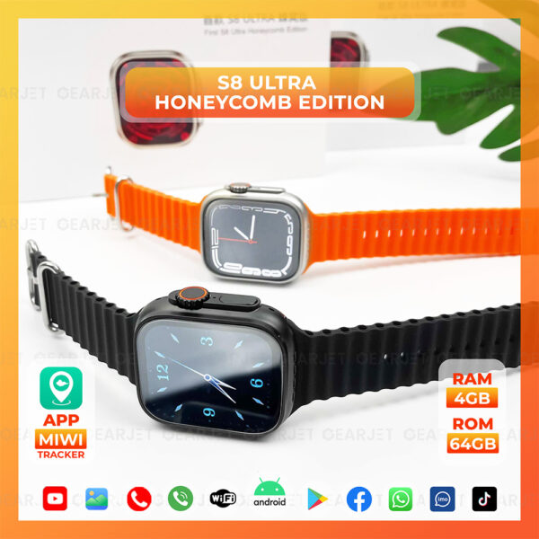 S8 Ultra Android Smart Watch 4G Internet RAM 1GB ROM 16GB Wifi Playstore Version Honeycomb Edition Smart Watch - Black
