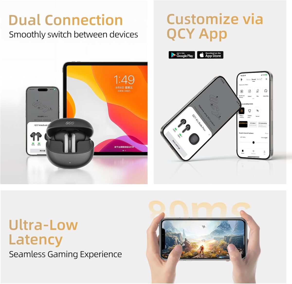 QCY HT08 Melobuds Pro Earbuds 6 Mic 46dB Adaptive ANC LDAC 990kbps High Res Audio Up to 34 Hours Battery Life Approx. 4g Lightweight Buds Dual Connection Wireless Earphones - Image 8
