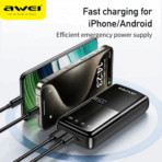 Awei P13K Powerbank 20000mAh 22.5W PD Fast Charging 1 Input 3 Output Digital LED Display - Image 4