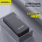 Awei P6K 20000mAh Powerbank 18W 2.1A Fast Charging 2 Input 2 Output LED Indicator Lightweight - Image 2