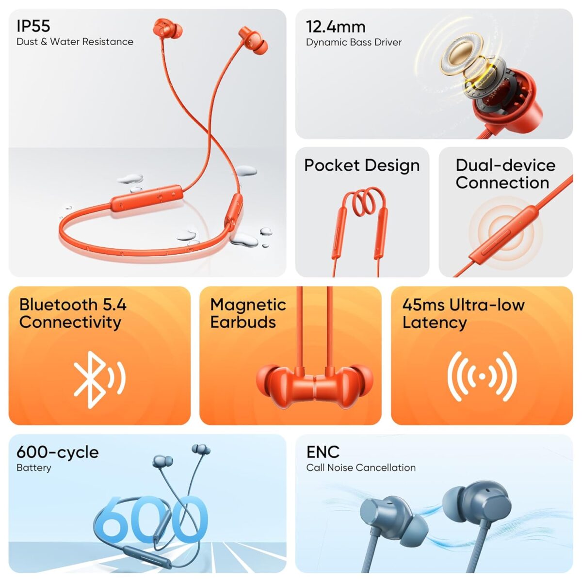 Realme Buds Wireless 5 Lite Neckband Earphones In Ear 12.4 mm Dynamic Bass Boost Driver Up to 35 Hours Playback 45ms Low Latency IP55 Dust & Water Resistance Wireless Bluetooth Earphones - Image 6