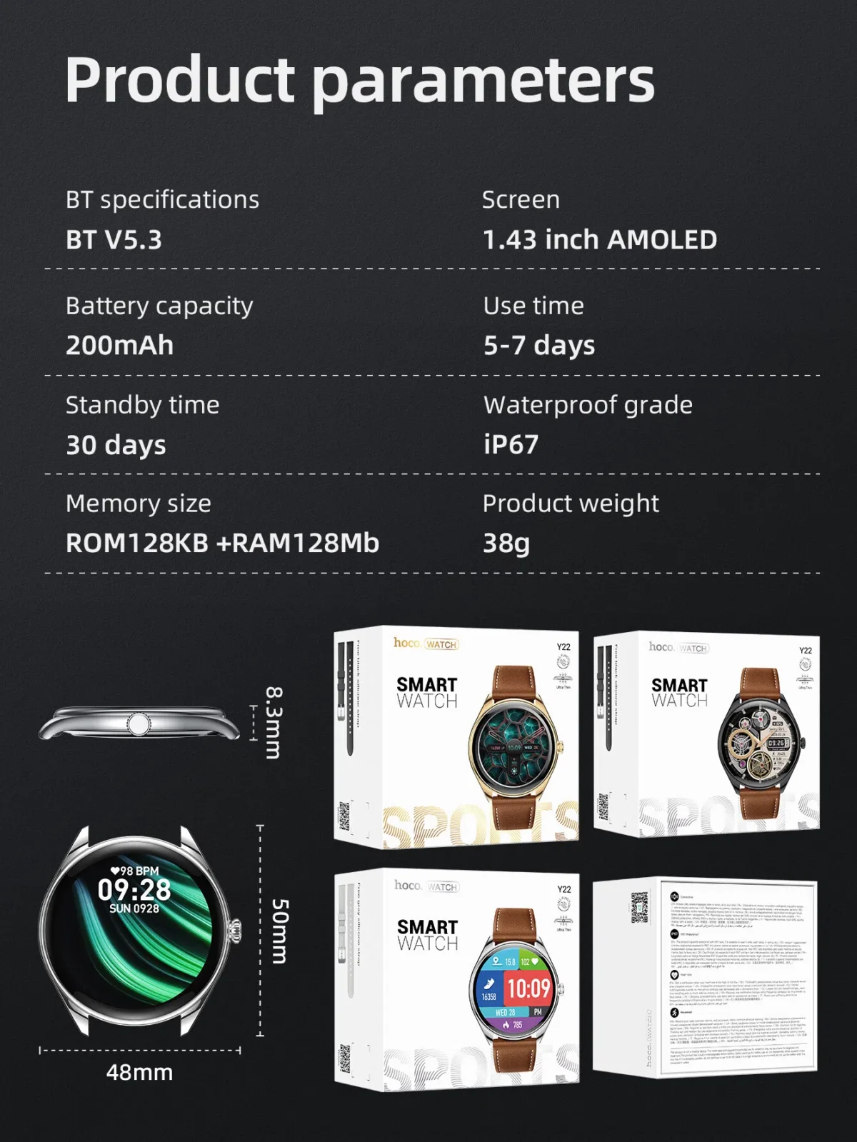 Hoco Y22 Smart Watch 1.43 inch AMOLED Always On Display Zinc Alloy Frame IP67 Waterproof 200mAh Battery Up to 7 Days Backup Smartwatch - Image 7