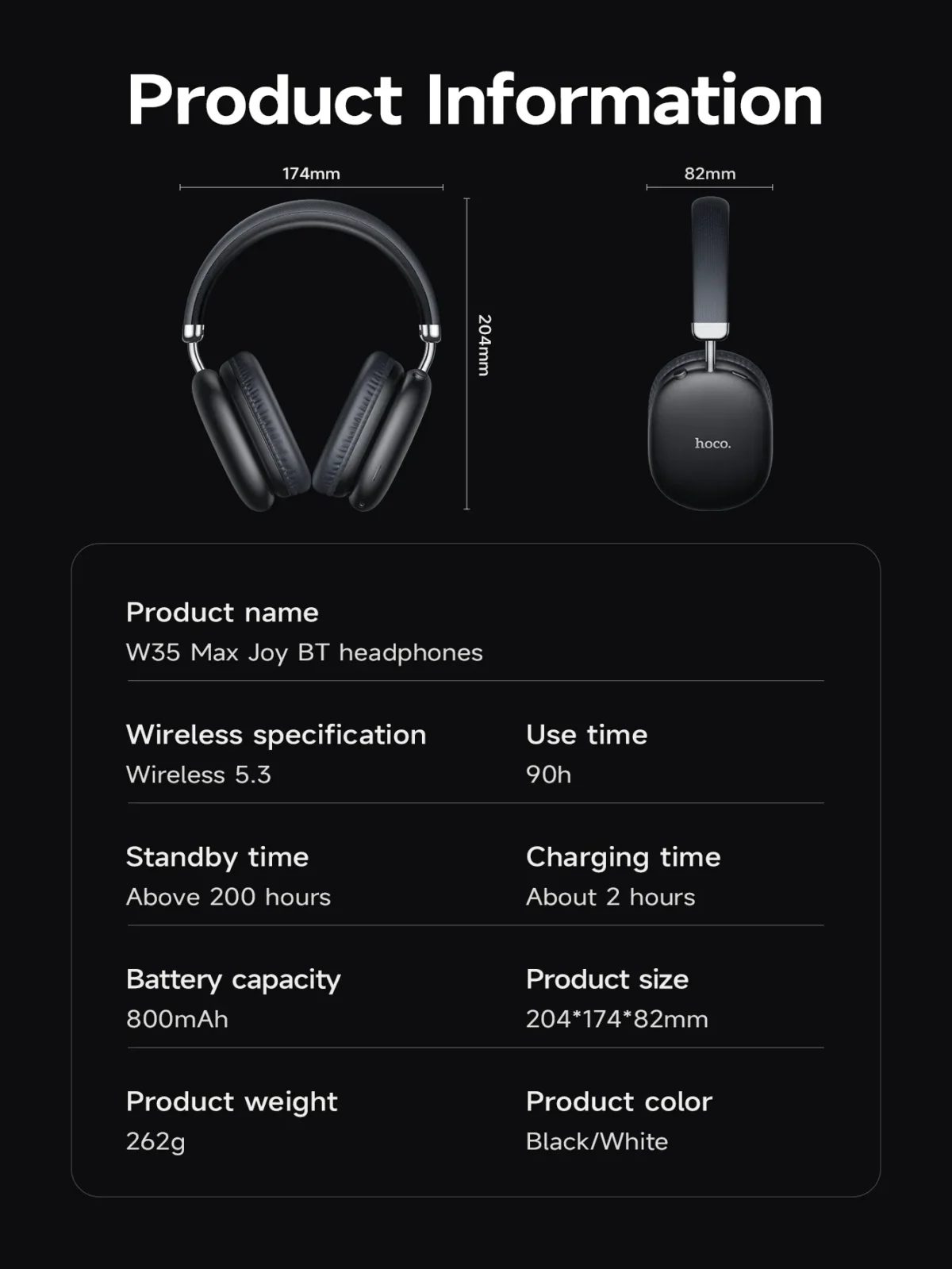 Hoco W35 Max Wireless Headphones BT 5.3 40mm Driver Type-C Charging Up to 90 Hours Playtime Lightweight Bluetooth Headphones - Image 8