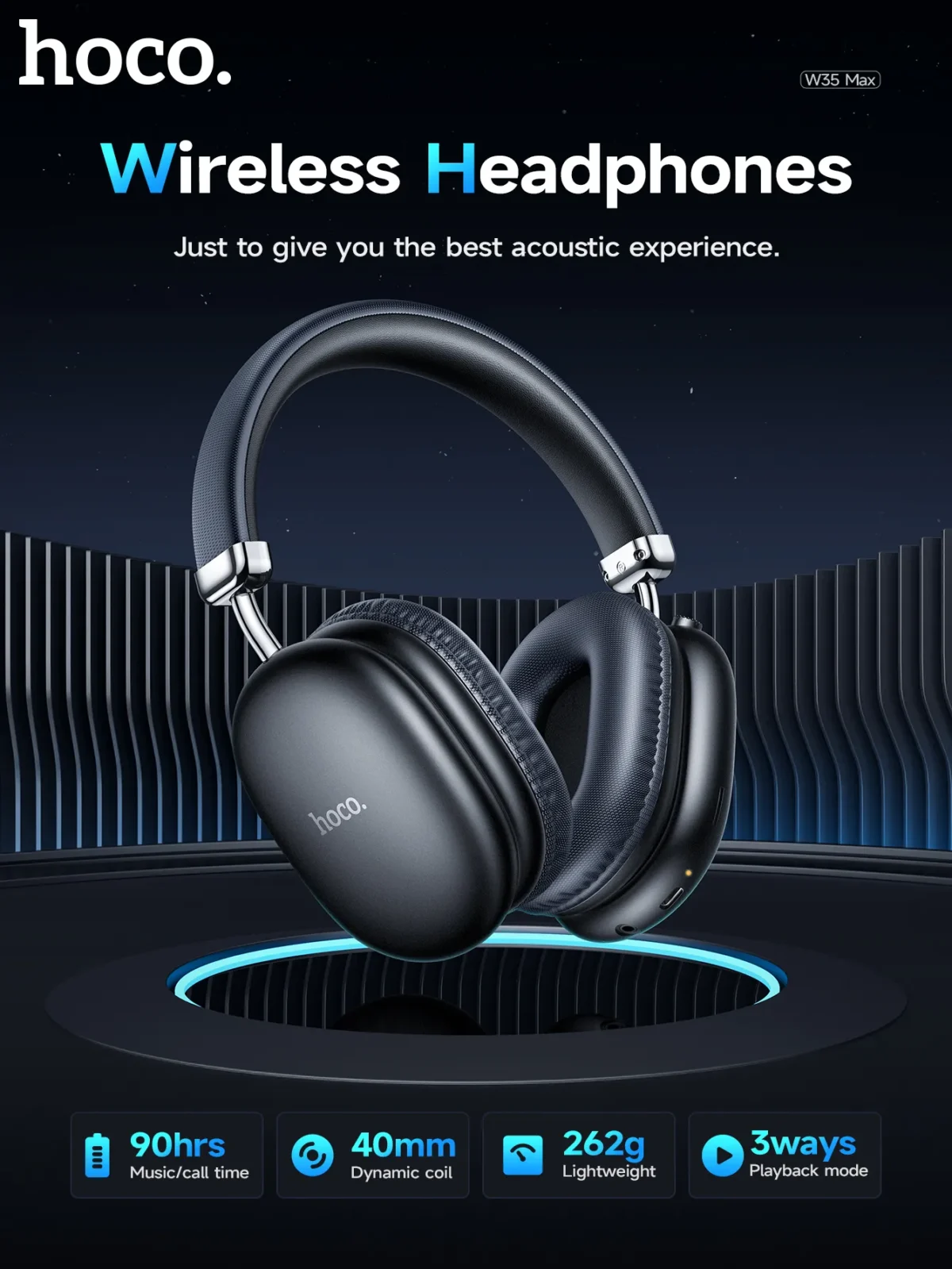 Hoco W35 Max Wireless Headphones BT 5.3 40mm Driver Type-C Charging Up to 90 Hours Playtime Lightweight Bluetooth Headphones - Image 2