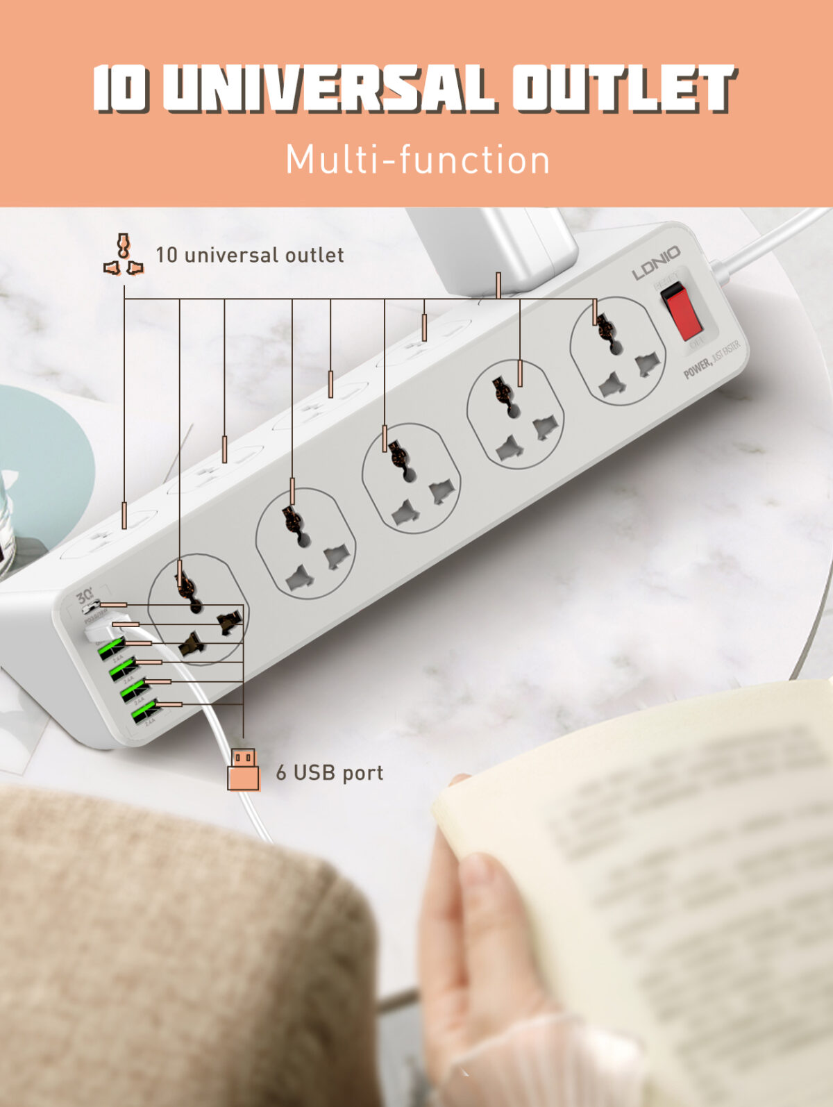 LDNIO SC10610 Power Strip 220V 10 Outlets 30W 6 USB Port QC 3.0 Universal Power Cord - Image 4