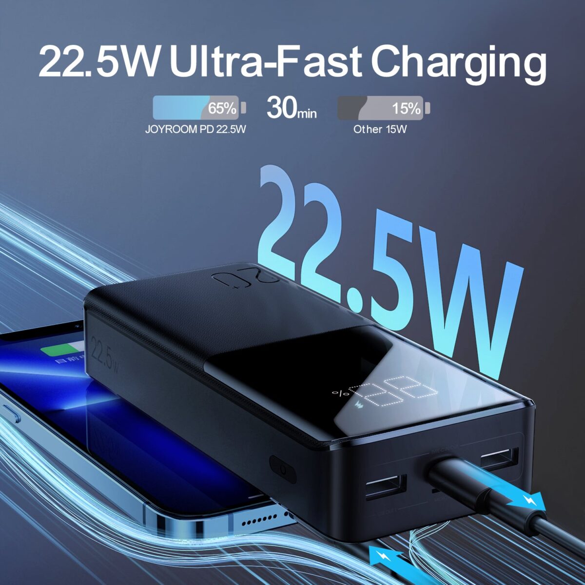 JOYROOM JR-QP192 22.5W PowerBank 20000mAh LED Display 2 Input 3 Output Universally Compatible Lightweight PowerBank - Image 2
