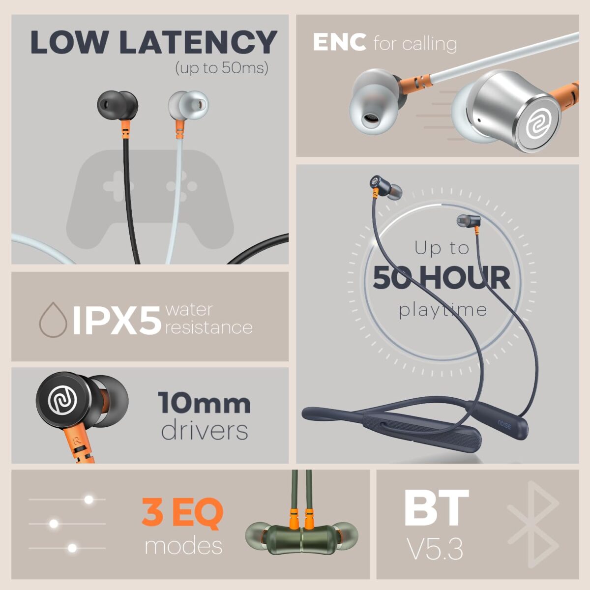 Noise Airwave Wireless Neckband Earphones 10mm Driver BT v5.3 In Ear 3 EQ Modes ENC for Calling 50ms Low Latency Up to 50 Hours of Playtime Wireless Bluetooth Earphones - Image 2